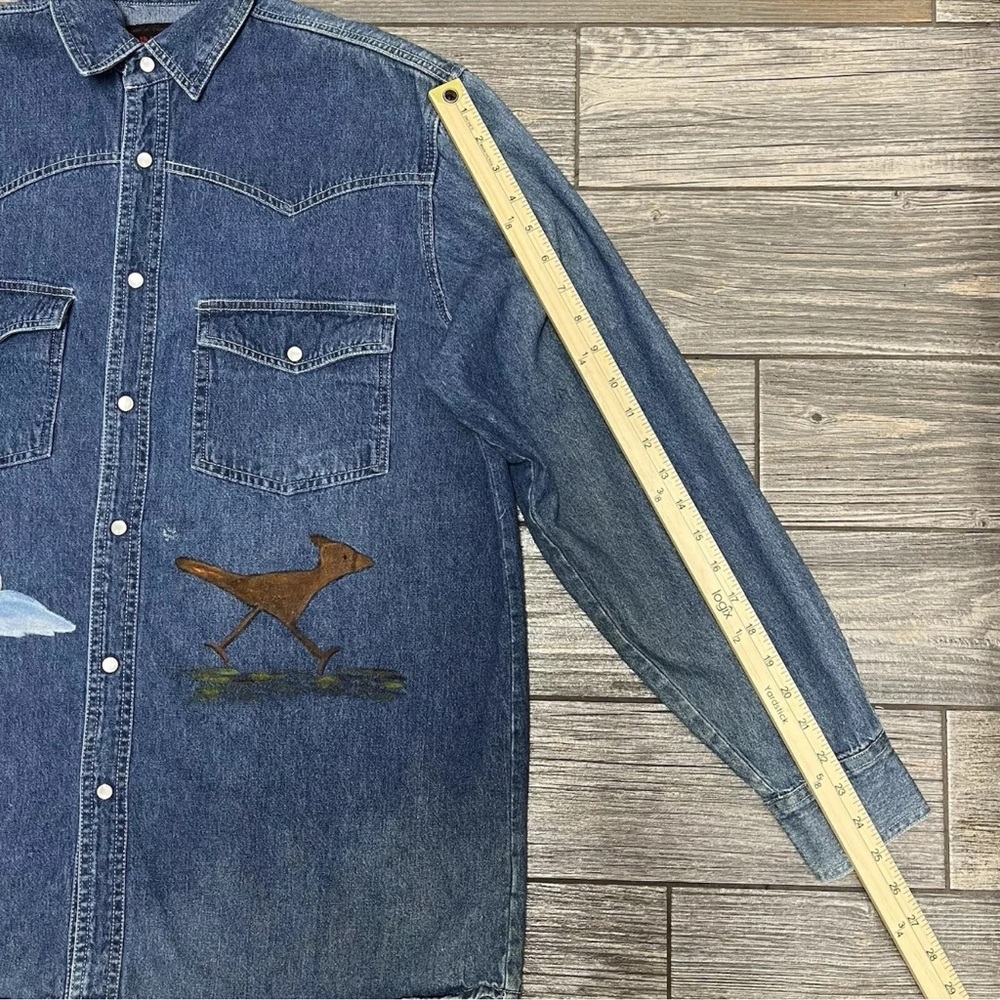 VTG Sunbelt Denim Pearl Snap Western Shirt M Hand Painted Roadrunner Shacket - Picture 16 of 16